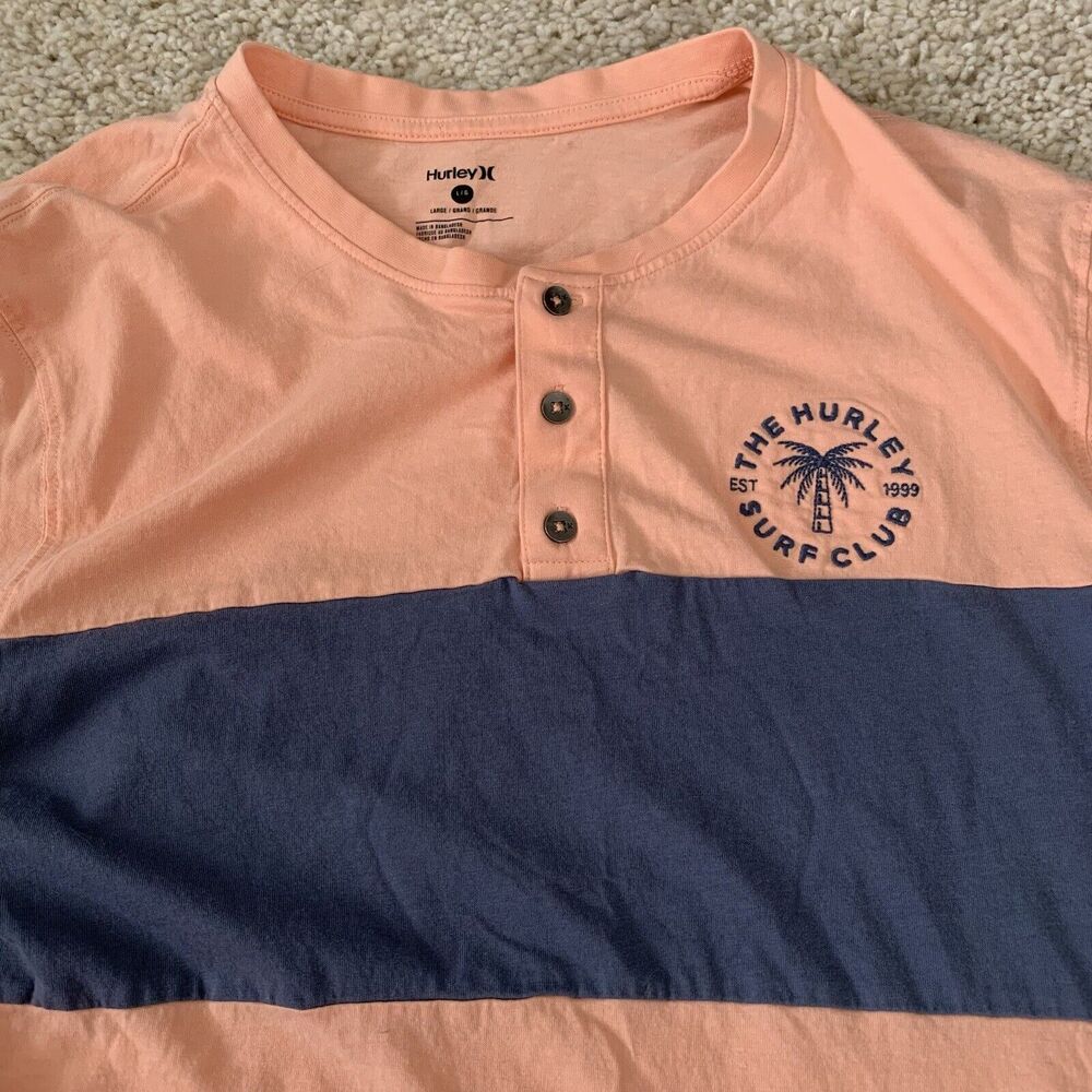 Hurley T-Shirt Mens Size Large Long Sleeve Henley Peach SURF CLUB Cotton - Picture 7 of 7